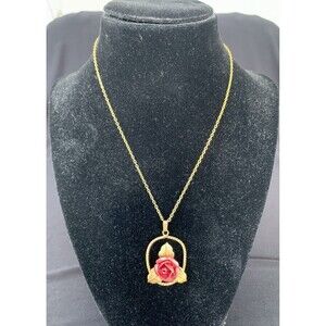 Vintage Gold Tone Costume Wreath Red Rose Pendant Necklace